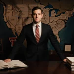 Cody Campbell standing at wooden desk with maps of the U.S. and Texas and Texas Tech logo behind eyes gazing at financial dat