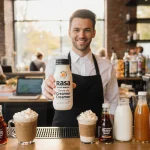 Barista holding a protein‑rich Rasa Crème de la Creamer bottle with colorful syrups and laptops in a busy coffee shop