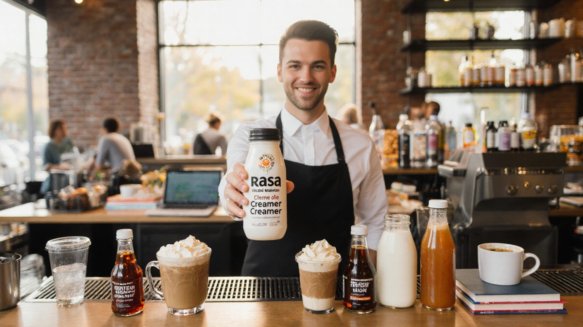 Barista holding a protein‑rich Rasa Crème de la Creamer bottle with colorful syrups and laptops in a busy coffee shop