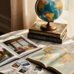 Coffee table books spill onto marble surface with golden light illuminating pages and a globe nearby