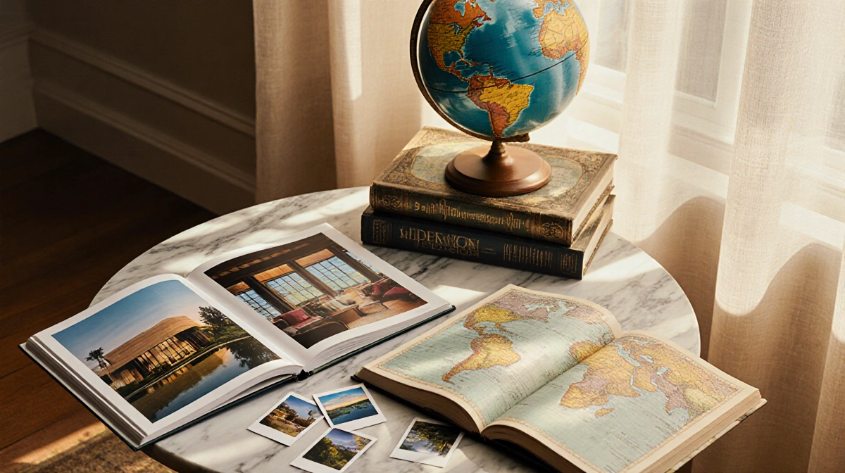 Coffee table books spill onto marble surface with golden light illuminating pages and a globe nearby