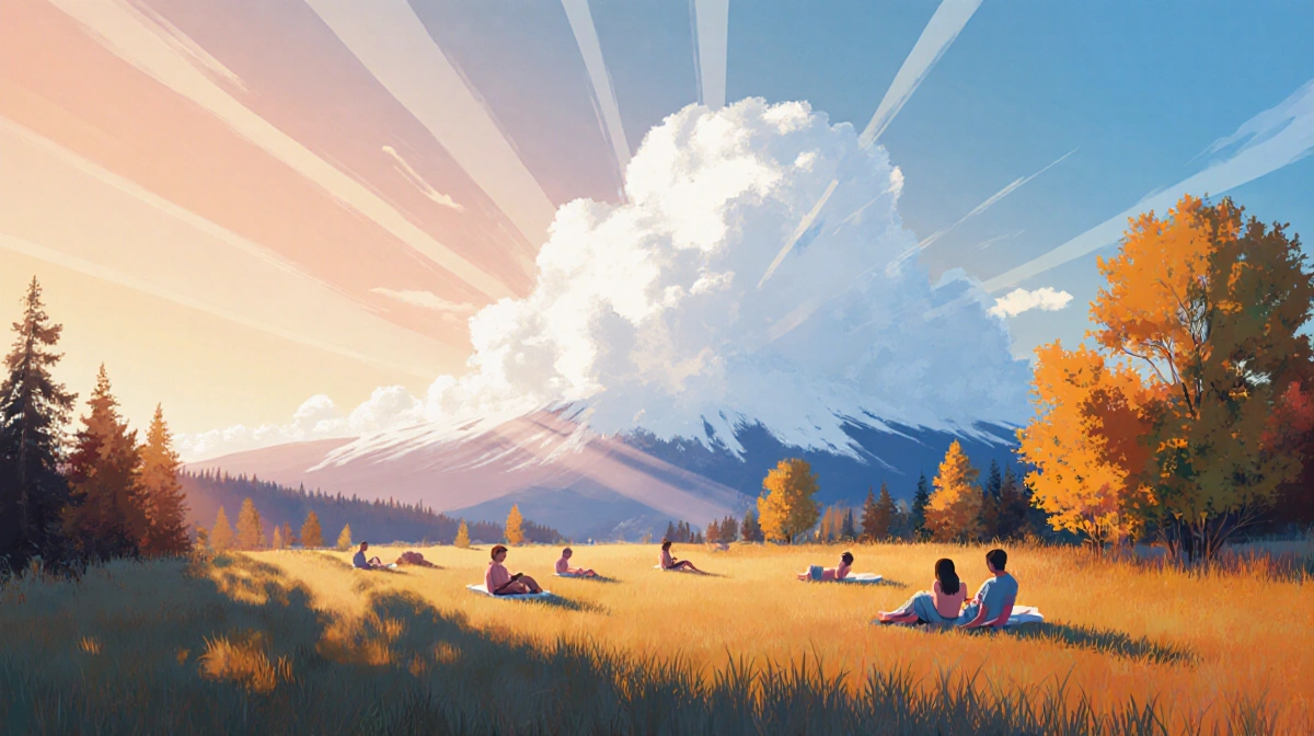 People basking in sunshine with sunbeams breaking through clouds indicating a cold front and shadows on autumn grass