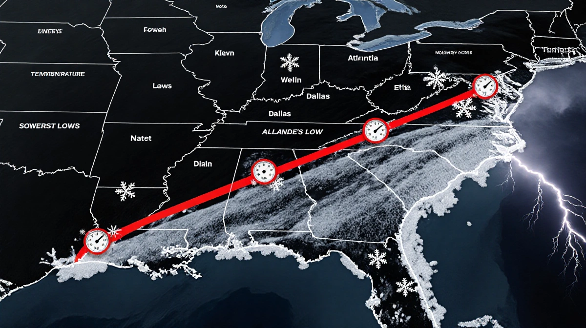 Map tracing cold front across Southern US with snowflakes and thunderstorms over Atlanta and Dallas record lows
