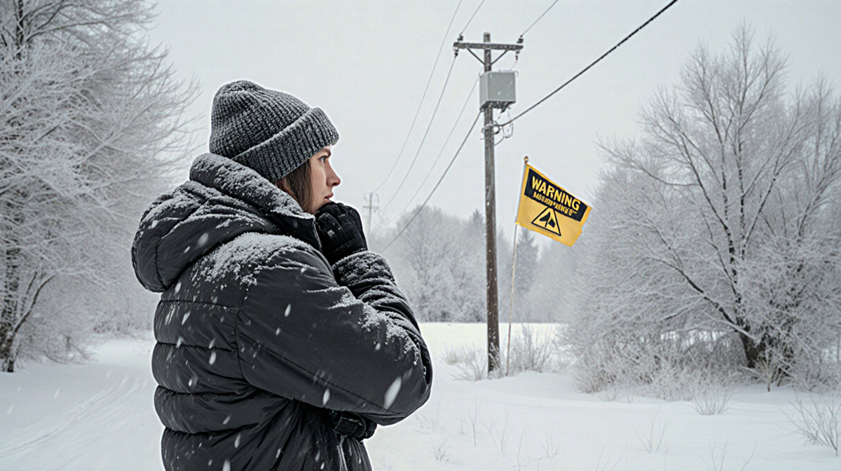 Person standing in winter storm with bundled clothing and a power outage flag above a utility pole