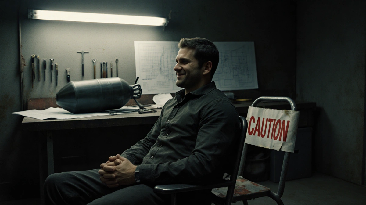 Cole sits in a metal chair with a relieved smile and clasped hands near a bomb prop under a flickering light.
