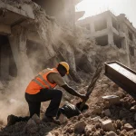 Rescue worker extracting person from twisted metal beam with orange vest and sunlit rubble at collapsed Nairobi site