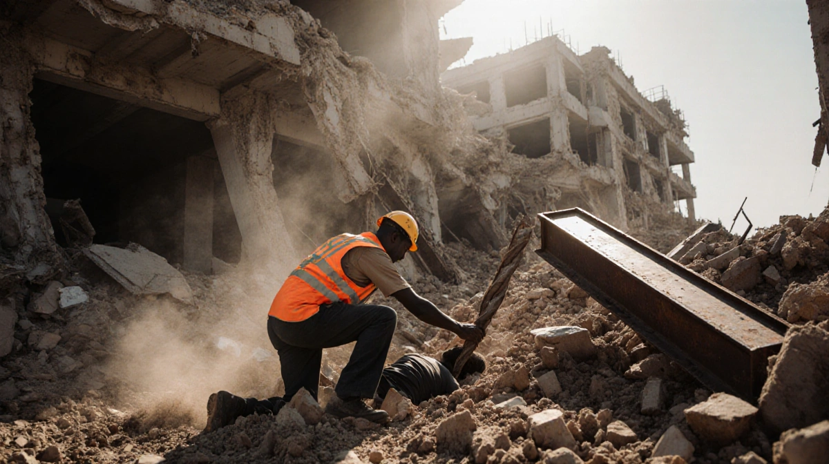 Rescue worker extracting person from twisted metal beam with orange vest and sunlit rubble at collapsed Nairobi site