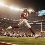 Quarterback leaping with football amid packed stadium and golden lights and cheering fans