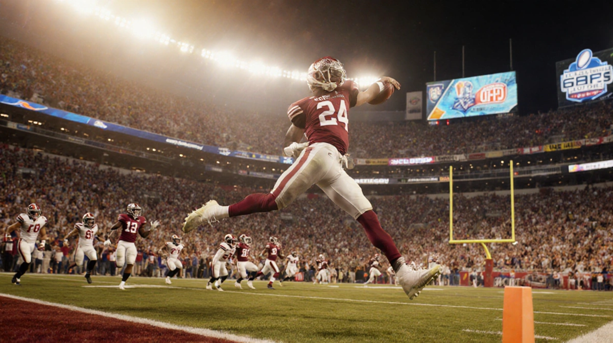 Quarterback leaping with football amid packed stadium and golden lights and cheering fans