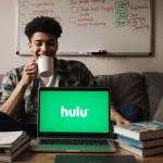 College student relaxes on couch with laptop showing Hulu and coffee cup while budgeting notes on whiteboard.