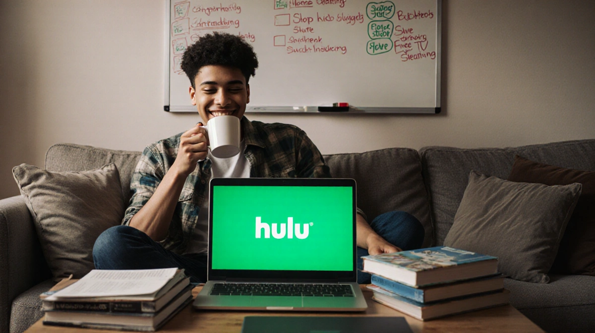 College student relaxes on couch with laptop showing Hulu and coffee cup while budgeting notes on whiteboard.