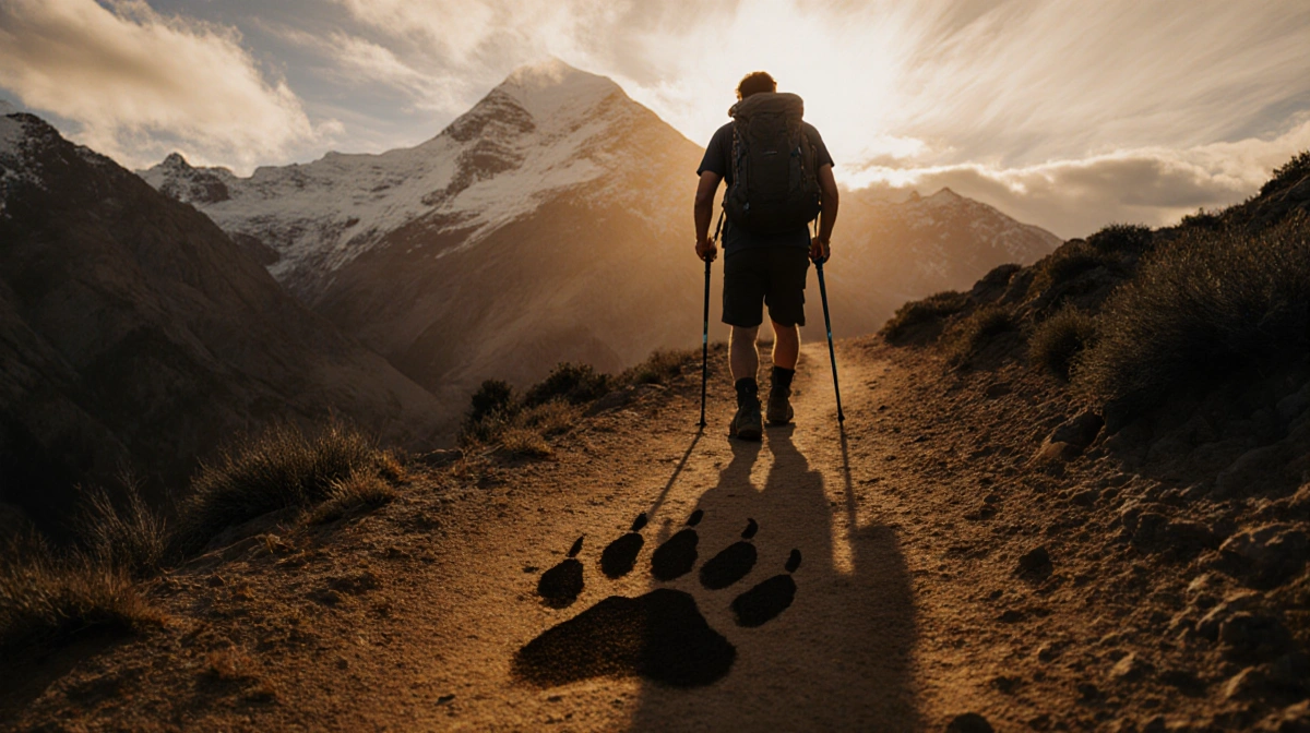 Lone hiker walking toward camera with mountain lion paw print in dirt and sunrise sky