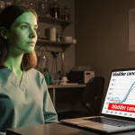 Woman sits in dim lab with greenish tint skin and irises looking at laptop screen showing bladder cancer risk in bold red