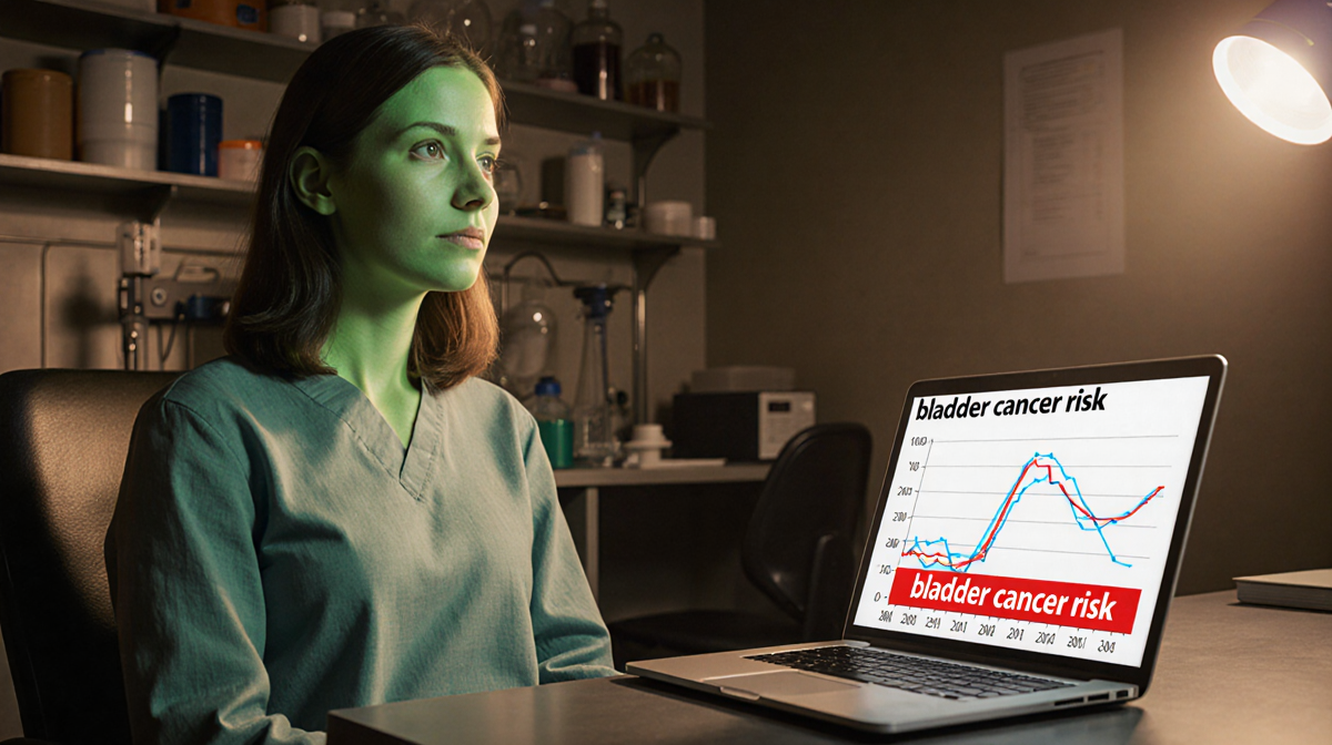 Woman sits in dim lab with greenish tint skin and irises looking at laptop screen showing bladder cancer risk in bold red
