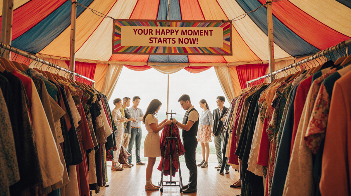Seamstress adjusting a garment with 1,400 costumes displayed and volunteers in line inside the colorful tent