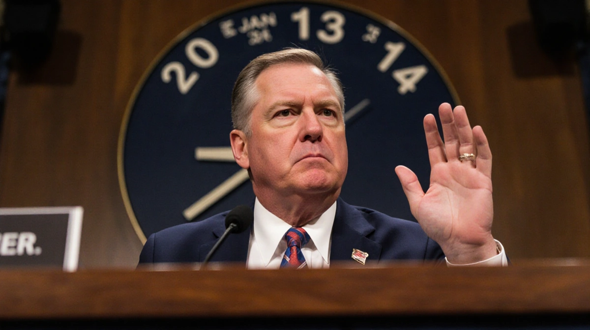 Representative James Comer stands at hearing podium with raised hand while a large clock shows Jan 13 and Jan 14.