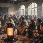 People sharing blankets with warm heaters and hot drinks in a winter storm shelter