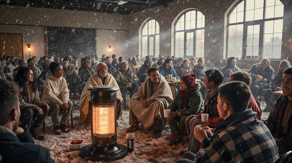 People sharing blankets with warm heaters and hot drinks in a winter storm shelter