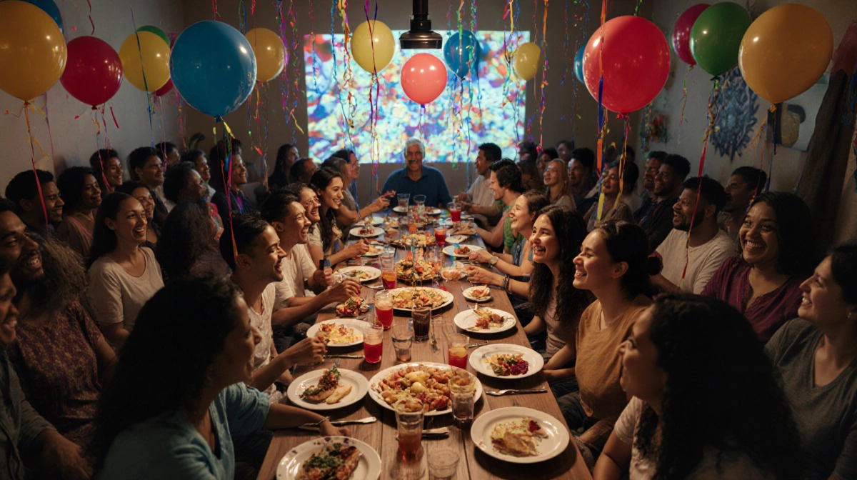 Diverse crowd celebrating at wooden table with colorful balloons and projected lights on wall