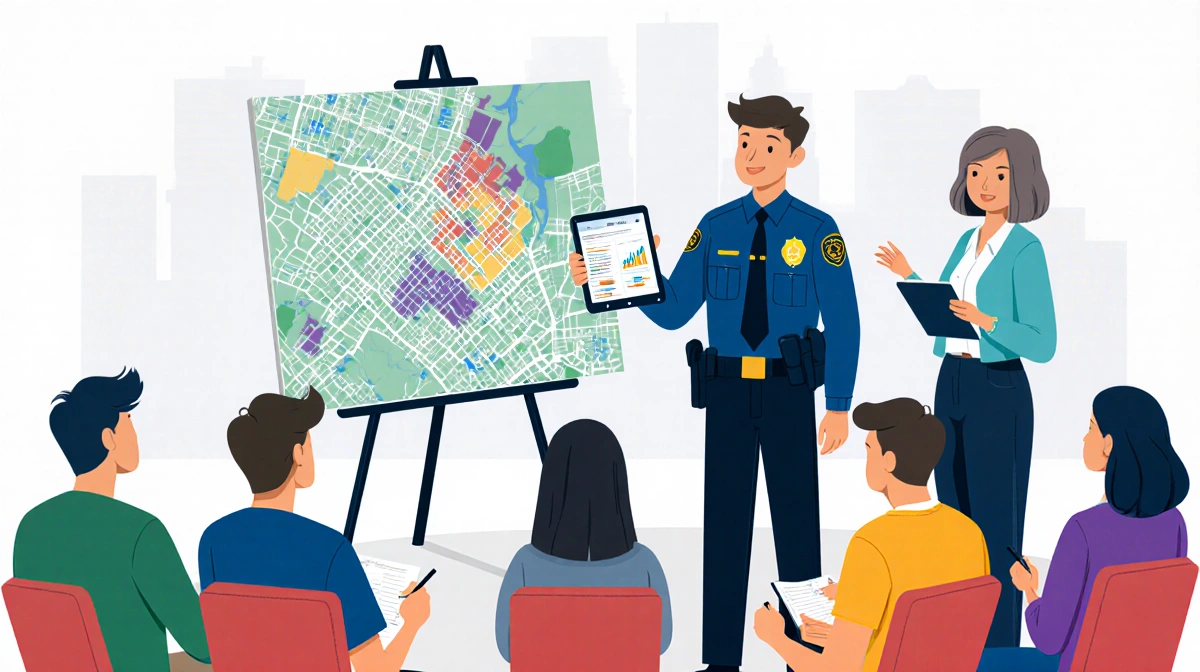 Crime analyst speaking to residents with a tablet showing burglary data and a neighborhood map behind