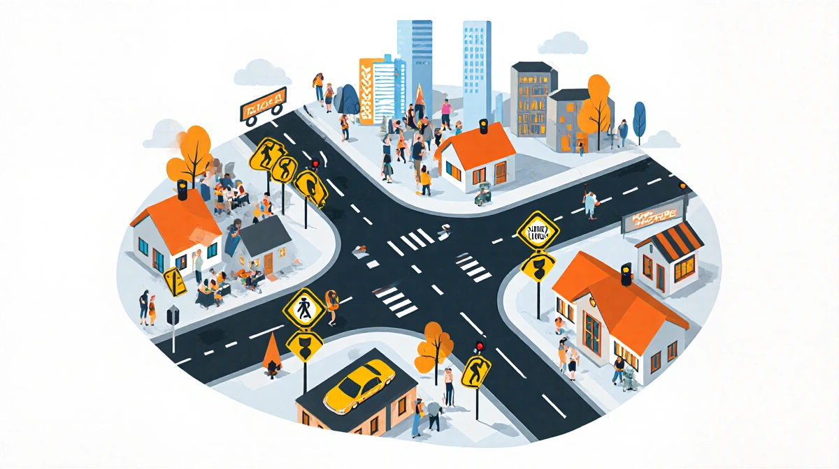 Roads converge in bustling community with bright orange speed limit signs and pedestrian crossings highlighting road safety