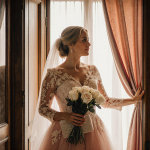 Confident woman standing with pastel pink wedding dress and holding a vintage bouquet and beaded clutch near antique door.