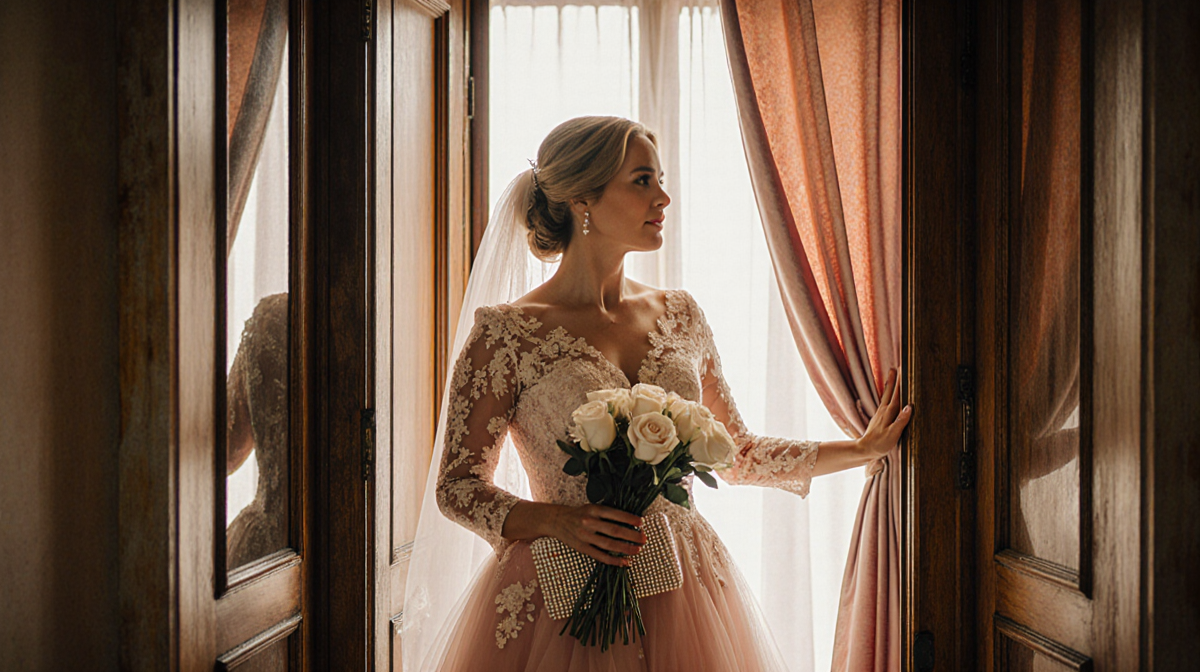 Confident woman standing with pastel pink wedding dress and holding a vintage bouquet and beaded clutch near antique door.