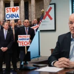 Congress chamber debates China tech restrictions with Anthropic CEO Jeff Dean shaking his head at desk