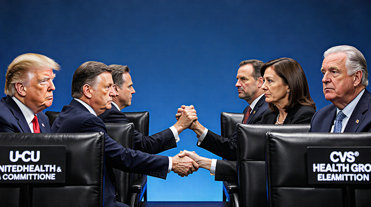 Five healthcare CEOs sit in opposite rows of chairs with committee logos clasping hands to show cooperation
