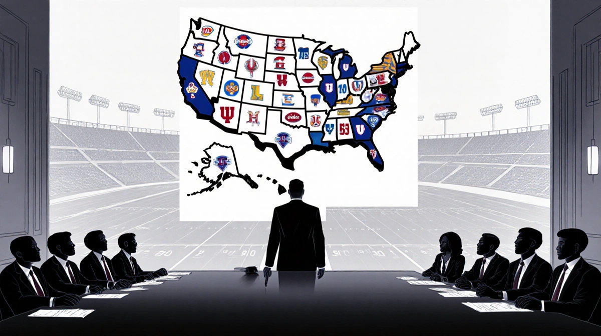 Congressional figure holding a pen with a large US map featuring conference logos and faint stadium outlines behind.