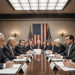 Health insurance CEOs discuss policy with lawmakers at crowded congressional hearing room and large flag in background
