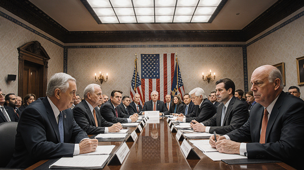 Health insurance CEOs discuss policy with lawmakers at crowded congressional hearing room and large flag in background