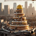 Construction workers building around a giant multi-tiered cake with pipes and tools on top showing AI job creation