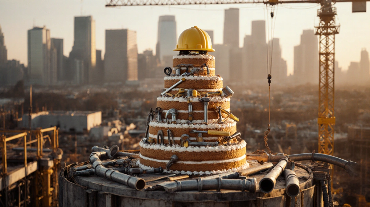 Construction workers building around a giant multi-tiered cake with pipes and tools on top showing AI job creation