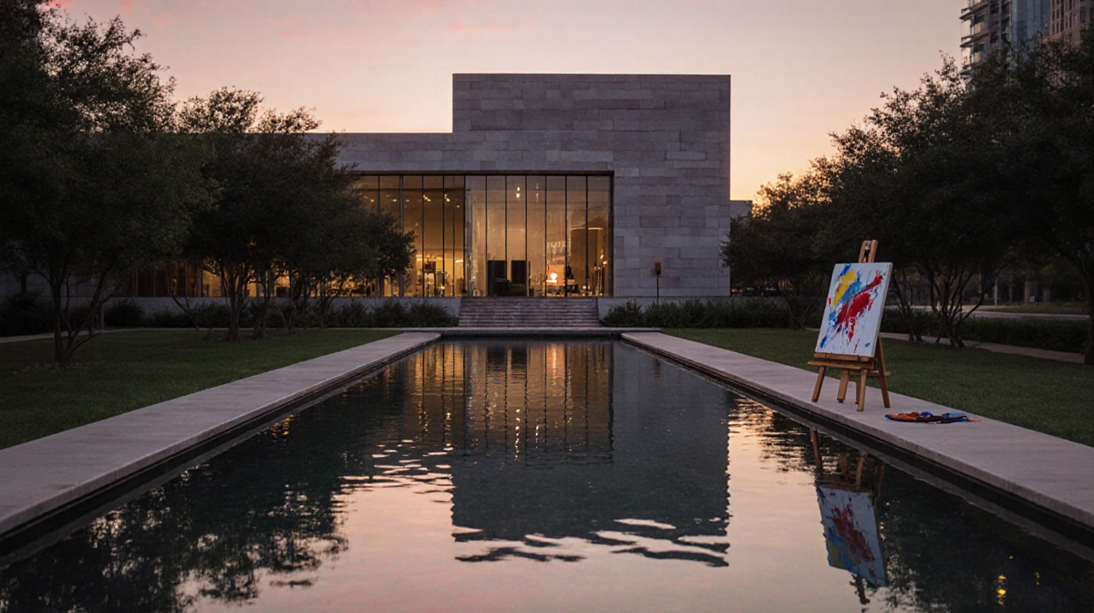 The Contemporary Austin reflecting in a calm pool near an art gallery with sunset light and gentle ripples.
