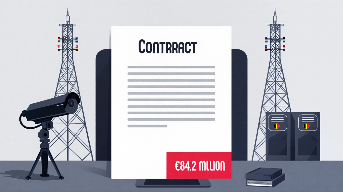 Contract document displaying €84.2 million highlighted in red with broadcast cameras in office setting