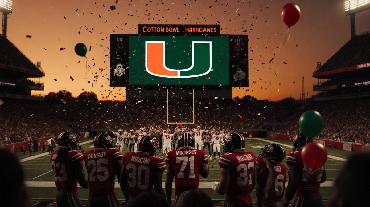 Miami players celebrating victory with confetti and balloons while the stadium scoreboard displays the Hurricanes logo