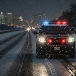Courtesy patrol vehicle driving on snowy highway with headlights cutting through winter storm and urban view in the backgroun