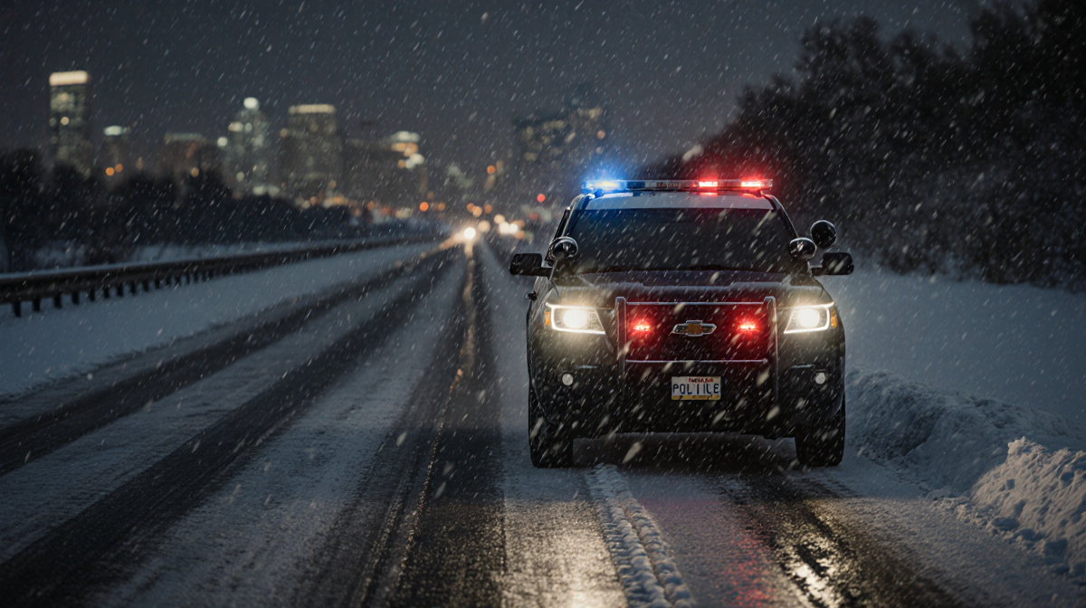 Courtesy patrol vehicle driving on snowy highway with headlights cutting through winter storm and urban view in the backgroun