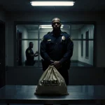 Police officer stands by evidence bag with dim fluorescent light and suspect reflection through interrogation window.