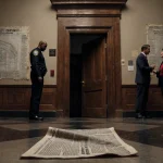 Police officer looking down at their feet with judge and lawyer arguing in courthouse hallway