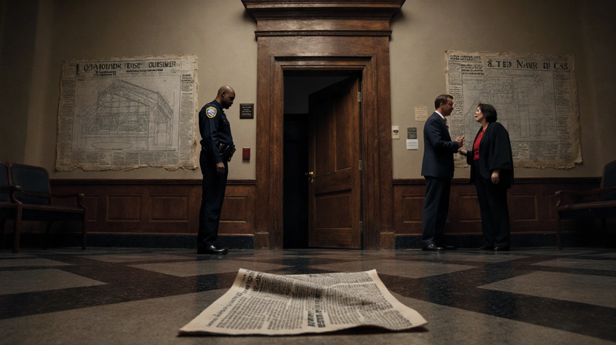 Police officer looking down at their feet with judge and lawyer arguing in courthouse hallway