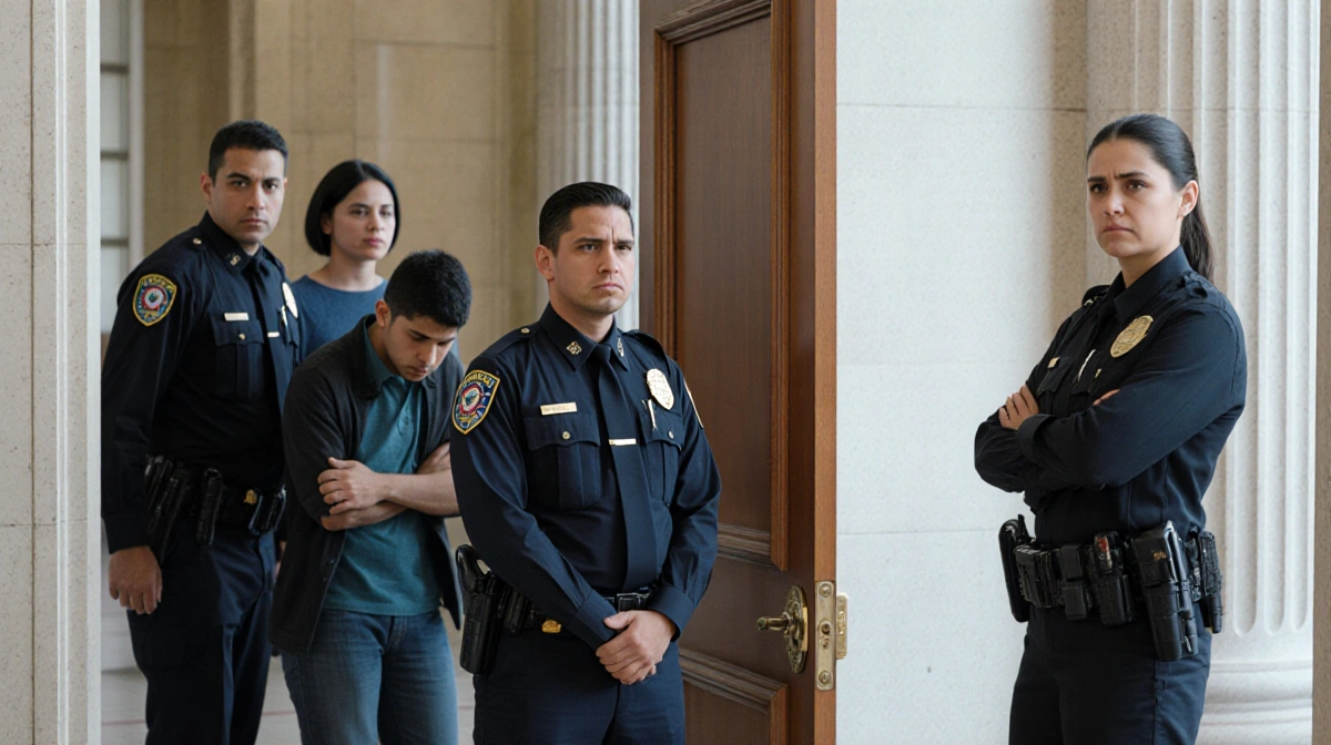 Federal officer standing before ajar courthouse door with frustrated and immigrant being led away
