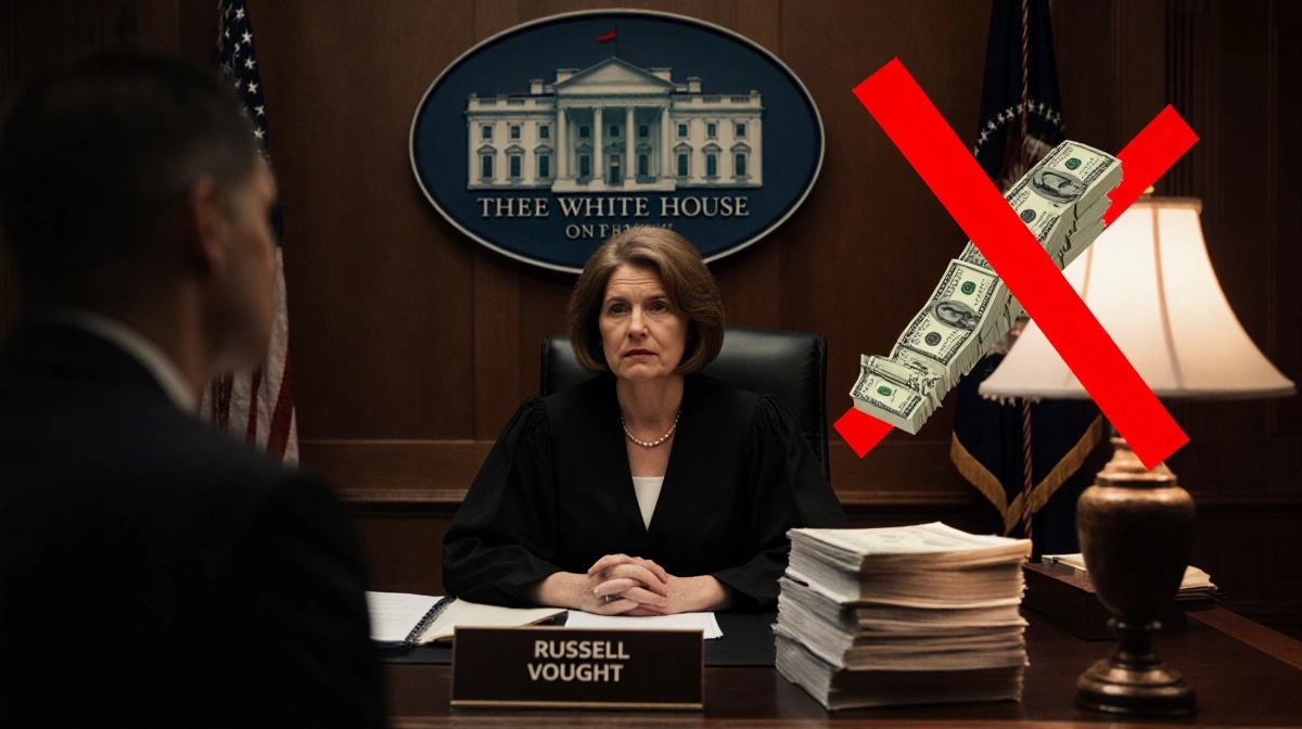 Judge Amy Berman sits at courtroom desk with financial documents and a red X made of dollar bills over the White House logo