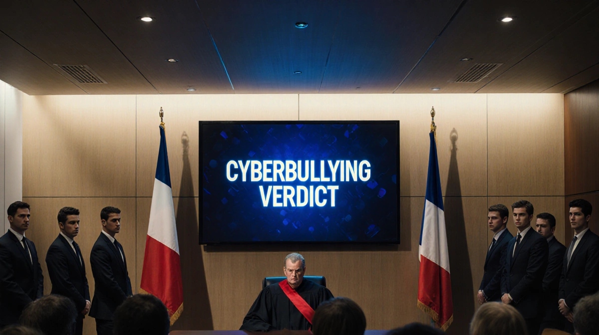 Judge sitting behind desk in courtroom with red sash and verdict screen in background with French flag over wall