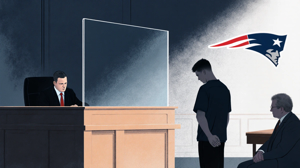 Christian Barmore standing before judge looking down at feet with glass partition and Patriots logo in dim courtroom lighting
