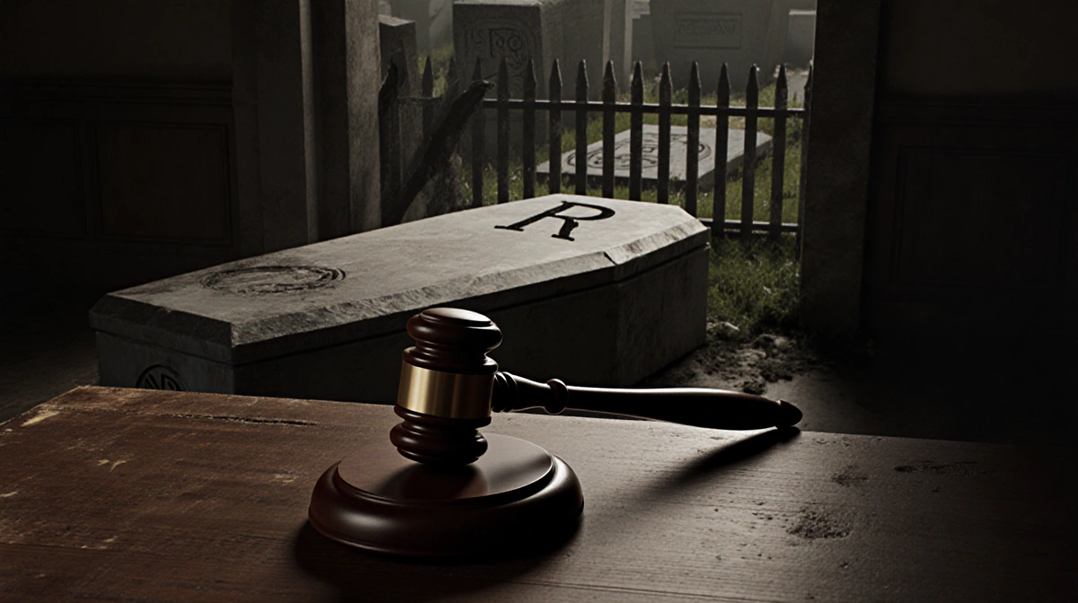 Courtroom judge's gavel resting on worn table with broken fence revealing partially filled grave and empty coffin