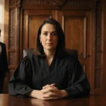 Judge Paula Xinis sits at a wooden desk with hands clasped and a blurred Venezuelan immigrant behind her in a courtroom
