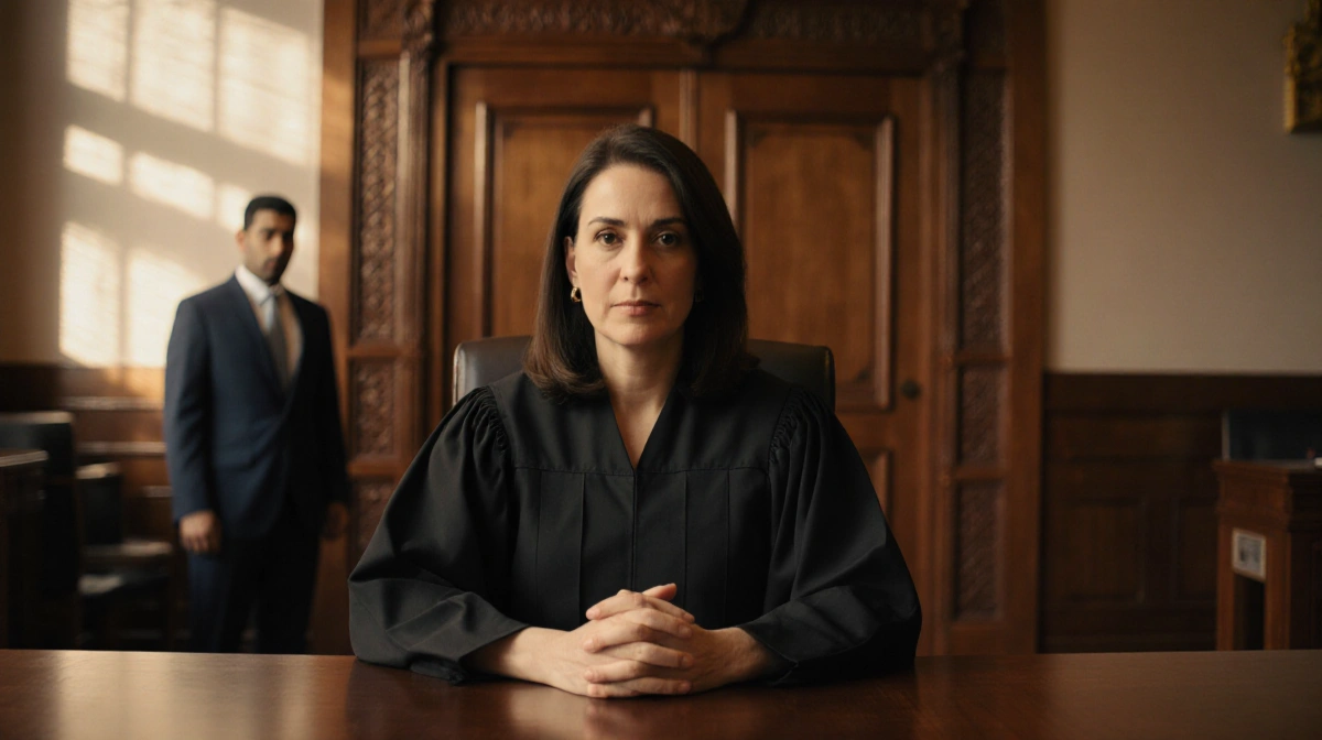 Judge Paula Xinis sits at a wooden desk with hands clasped and a blurred Venezuelan immigrant behind her in a courtroom