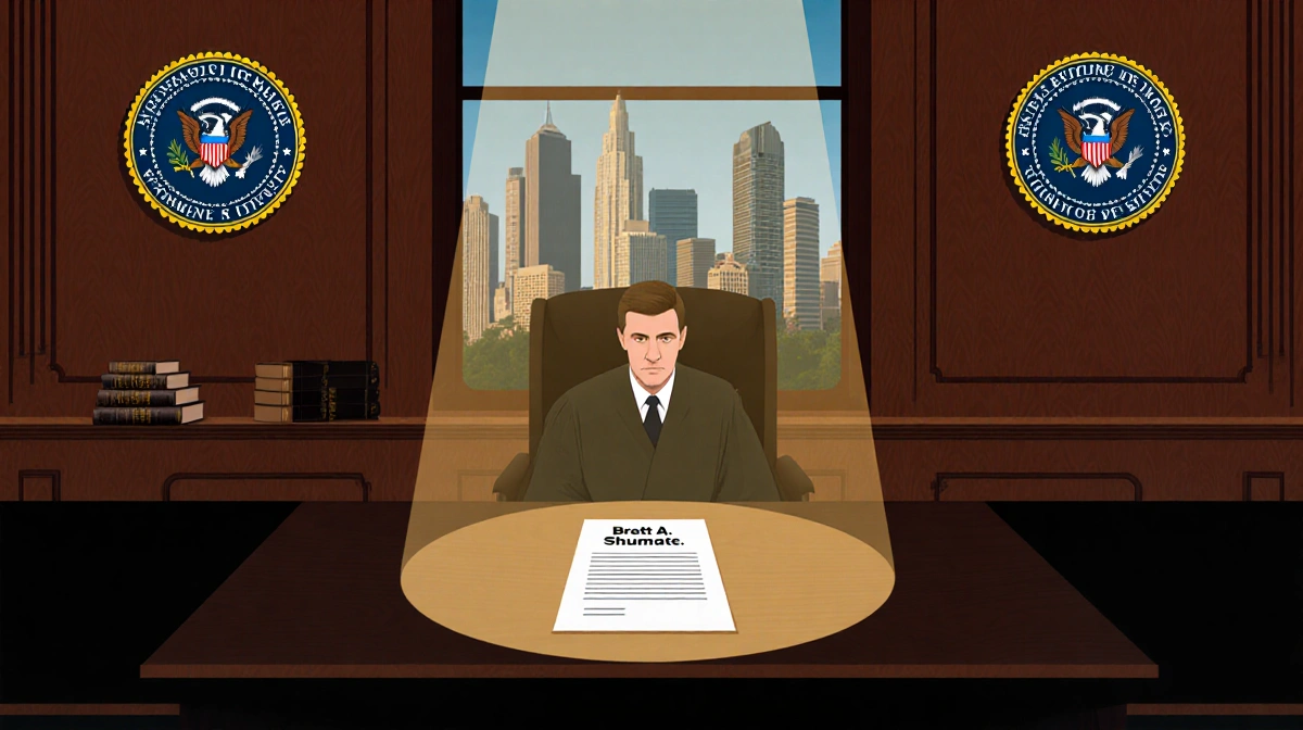 Judge's bench in courtroom illuminated by spotlight highlighting settlement document with Austin skyline behind.